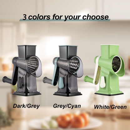 Rotary Cheese Grater, 3-in-1 Manual Vegetable Slicer with Handle, Safer Kitchen Mandoline Shredder with Suction Base for Cheese, Nuts, Potatoes & Salads – Easy to Clean (Smoke Grey)