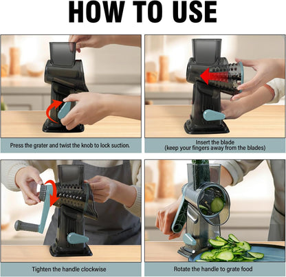 Rotary Cheese Grater, 3-in-1 Manual Vegetable Slicer with Handle, Safer Kitchen Mandoline Shredder with Suction Base for Cheese, Nuts, Potatoes & Salads – Easy to Clean (Smoke Grey)