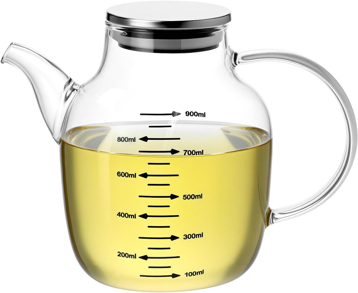 900ML/30Oz Large Glass Cooking Oil Bottle with Stainless Steel Lid, Oil & Vinegar Dispenser Bottle, Kitchen No Drip Liquid Container