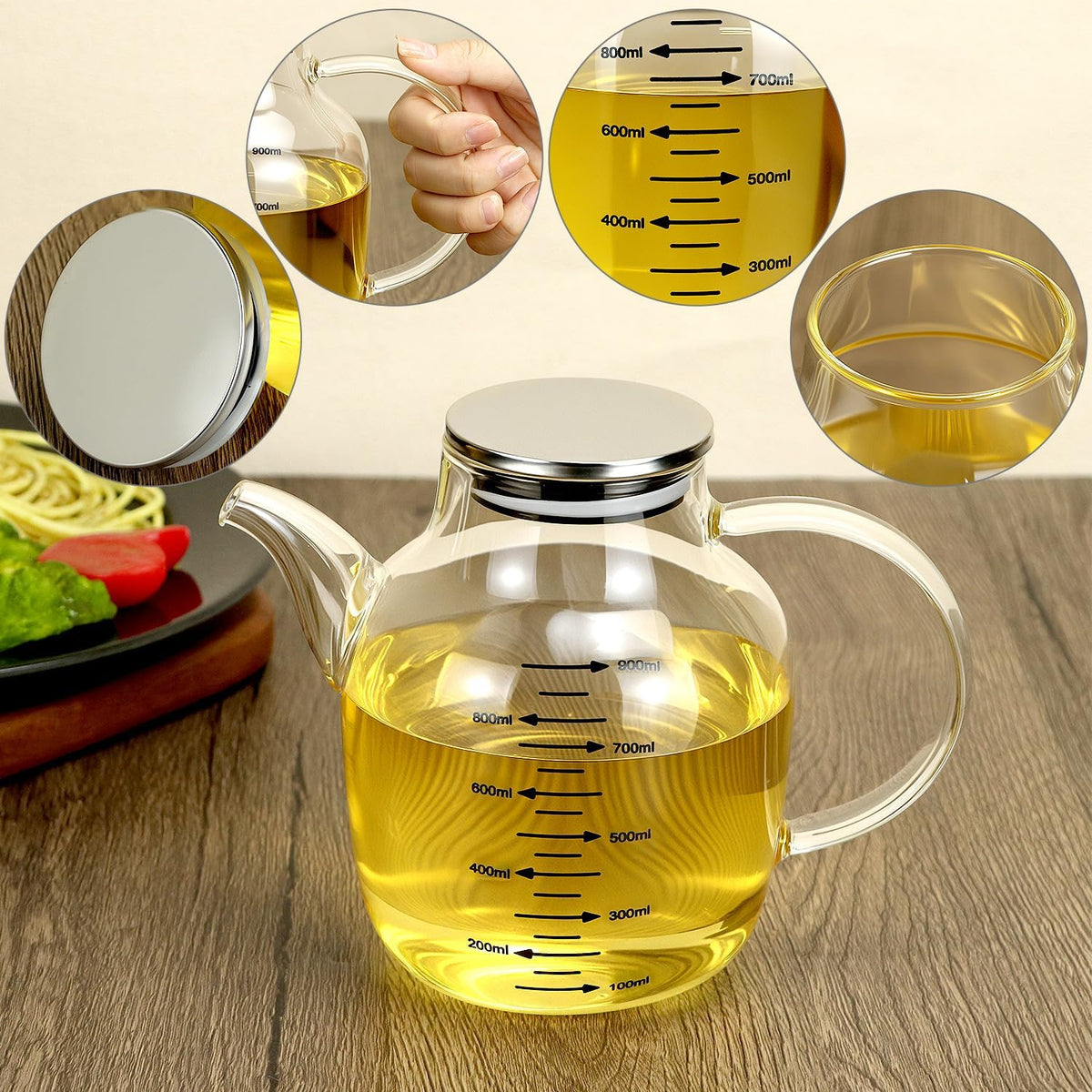 900ML/30Oz Large Glass Cooking Oil Bottle with Stainless Steel Lid, Oil & Vinegar Dispenser Bottle, Kitchen No Drip Liquid Container