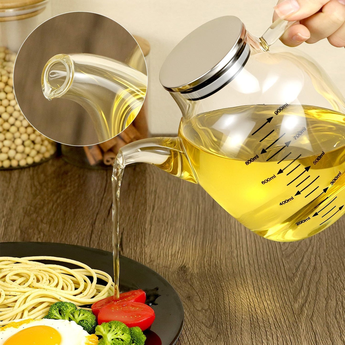 900ML/30Oz Large Glass Cooking Oil Bottle with Stainless Steel Lid, Oil & Vinegar Dispenser Bottle, Kitchen No Drip Liquid Container