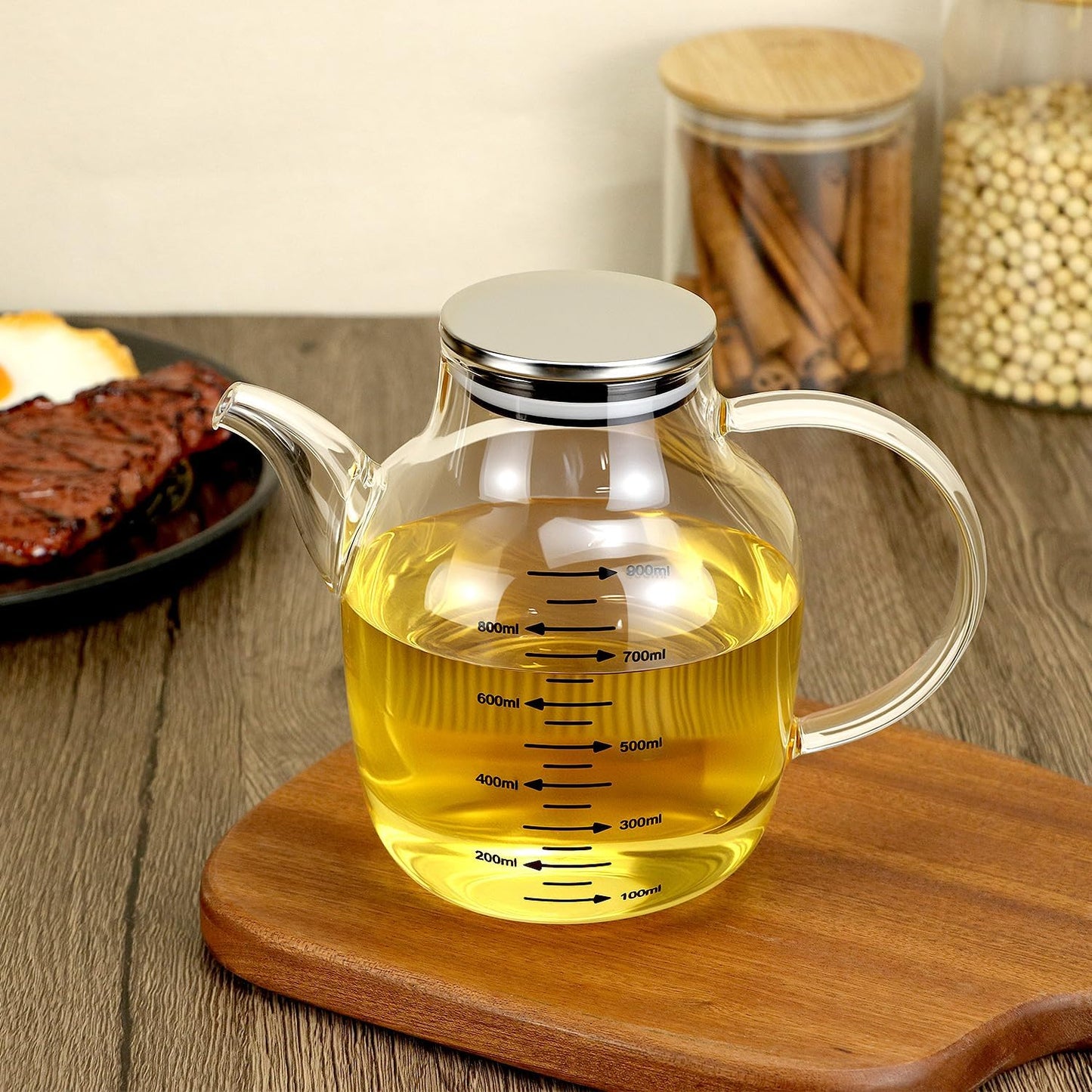 900ML/30Oz Large Glass Cooking Oil Bottle with Stainless Steel Lid, Oil & Vinegar Dispenser Bottle, Kitchen No Drip Liquid Container