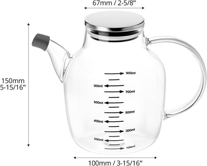 900ML/30Oz Large Glass Cooking Oil Bottle with Stainless Steel Lid, Oil & Vinegar Dispenser Bottle, Kitchen No Drip Liquid Container