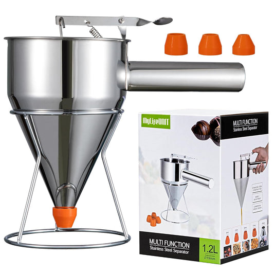 Pancake Batter Dispenser, 40oz Multi-Caliber Stainless Steel Funnel Cake Dispenser with Stand Great for Pancakes, Cupcakes or Any Baked Goods