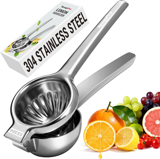Lemon Lime Squeezer, 304 Stainless Steel Hand Press Citrus Juicer | Grooved Bowl, Heavy-Duty Hinged Handle, High Juice Yield, Easy to Use & Dishwasher Safe