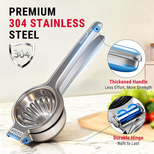 Lemon Lime Squeezer, 304 Stainless Steel Hand Press Citrus Juicer | Grooved Bowl, Heavy-Duty Hinged Handle, High Juice Yield, Easy to Use & Dishwasher Safe