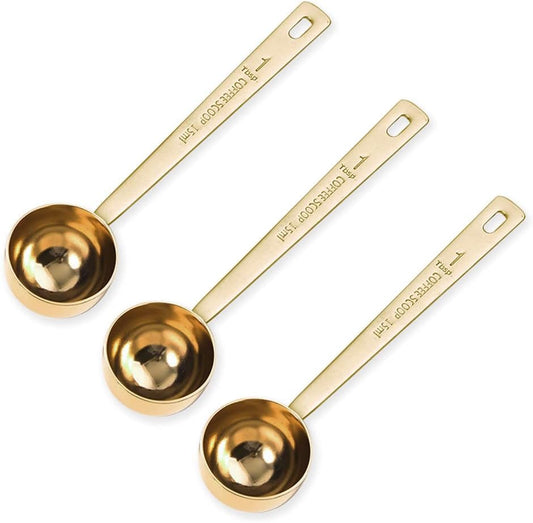 3Pcs Coffee Measuring Scoop Spoons, Stainless Steel Coffee Scoop, Long Handle Tablespoon for Measuring Coffee, Milk Powder, Fruit Powder, Tea, Sugar, Grains, Flour and Protein (Gold)