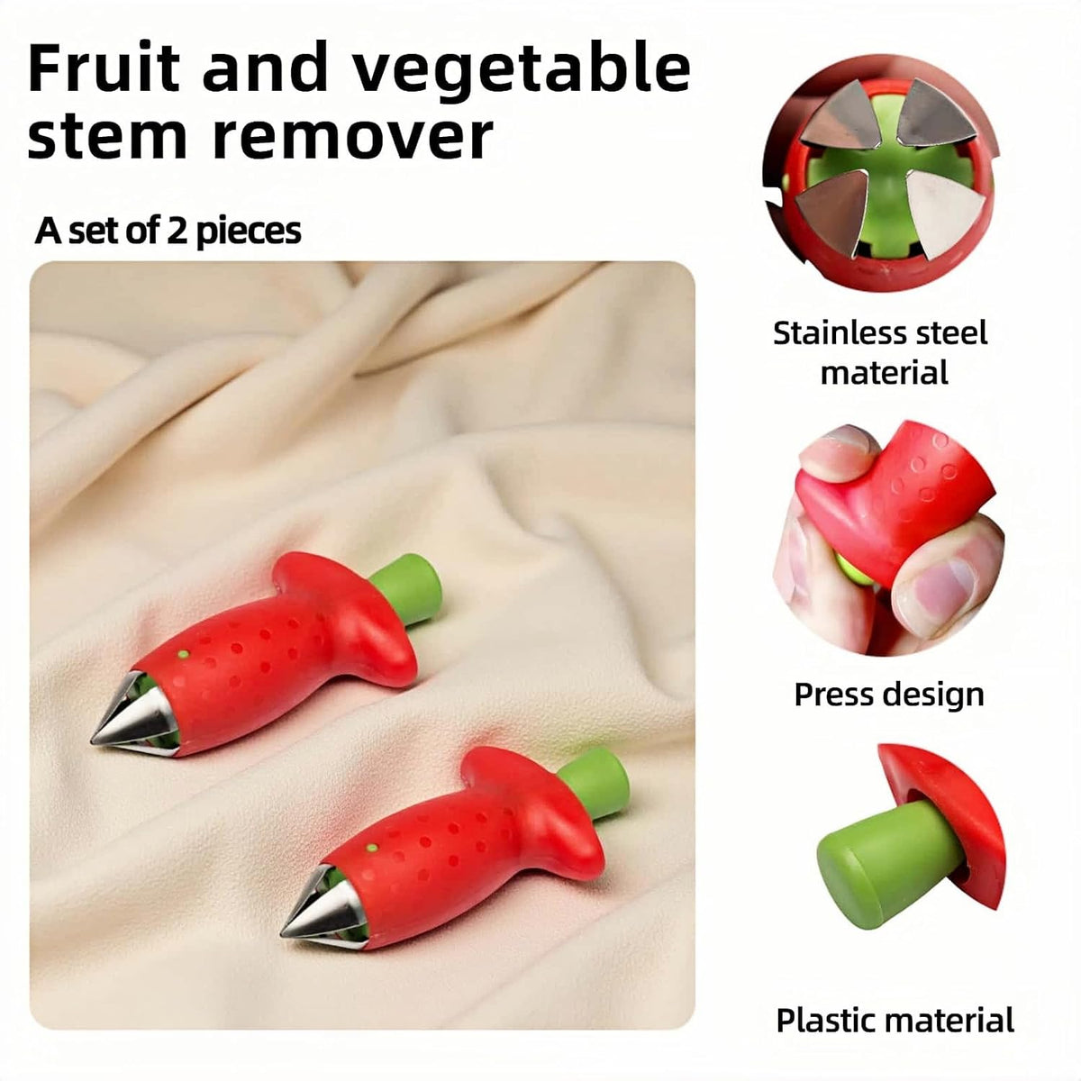 2 Pack Stainless Steel Strawberry Huller ，Tomato ，Pineapple Corer - Removes Stems & Cores Fast,Twist & Pop Design, Precise No Waste, ABS Anti-Slip Red Handle (3.7 Inch Kitchen Gadget）