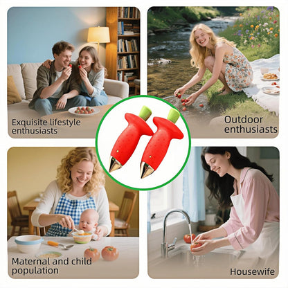 2 Pack Stainless Steel Strawberry Huller ，Tomato ，Pineapple Corer - Removes Stems & Cores Fast,Twist & Pop Design, Precise No Waste, ABS Anti-Slip Red Handle (3.7 Inch Kitchen Gadget）