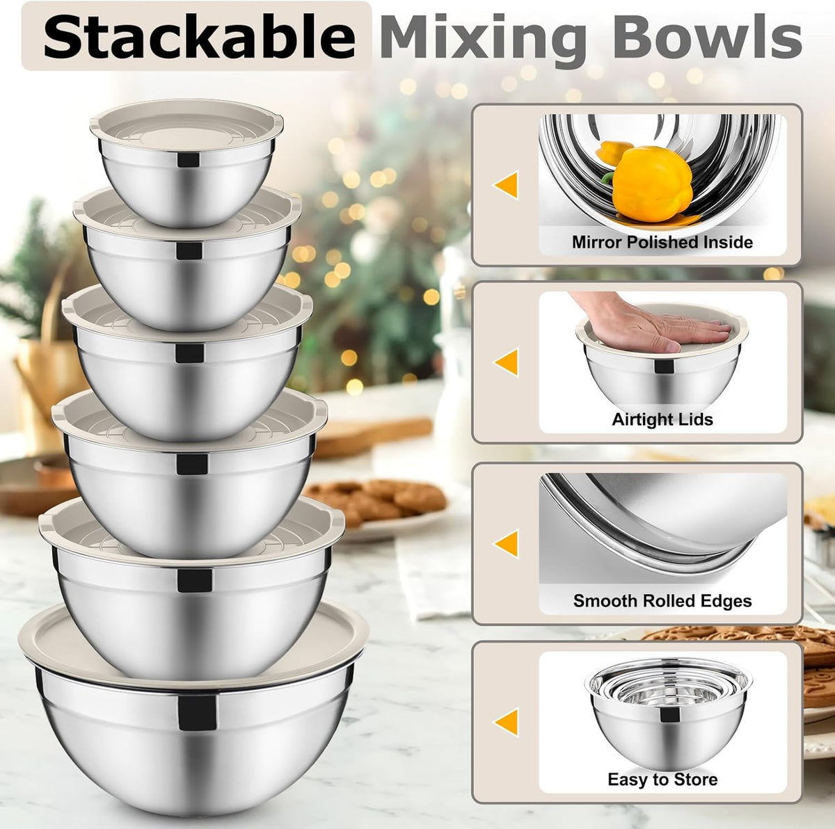 Mixing Bowls with Lids Set of 6, Nesting Salad Bowl, Khaki