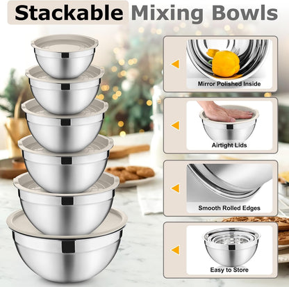 Mixing Bowls with Lids Set of 6, Nesting Salad Bowl, Khaki