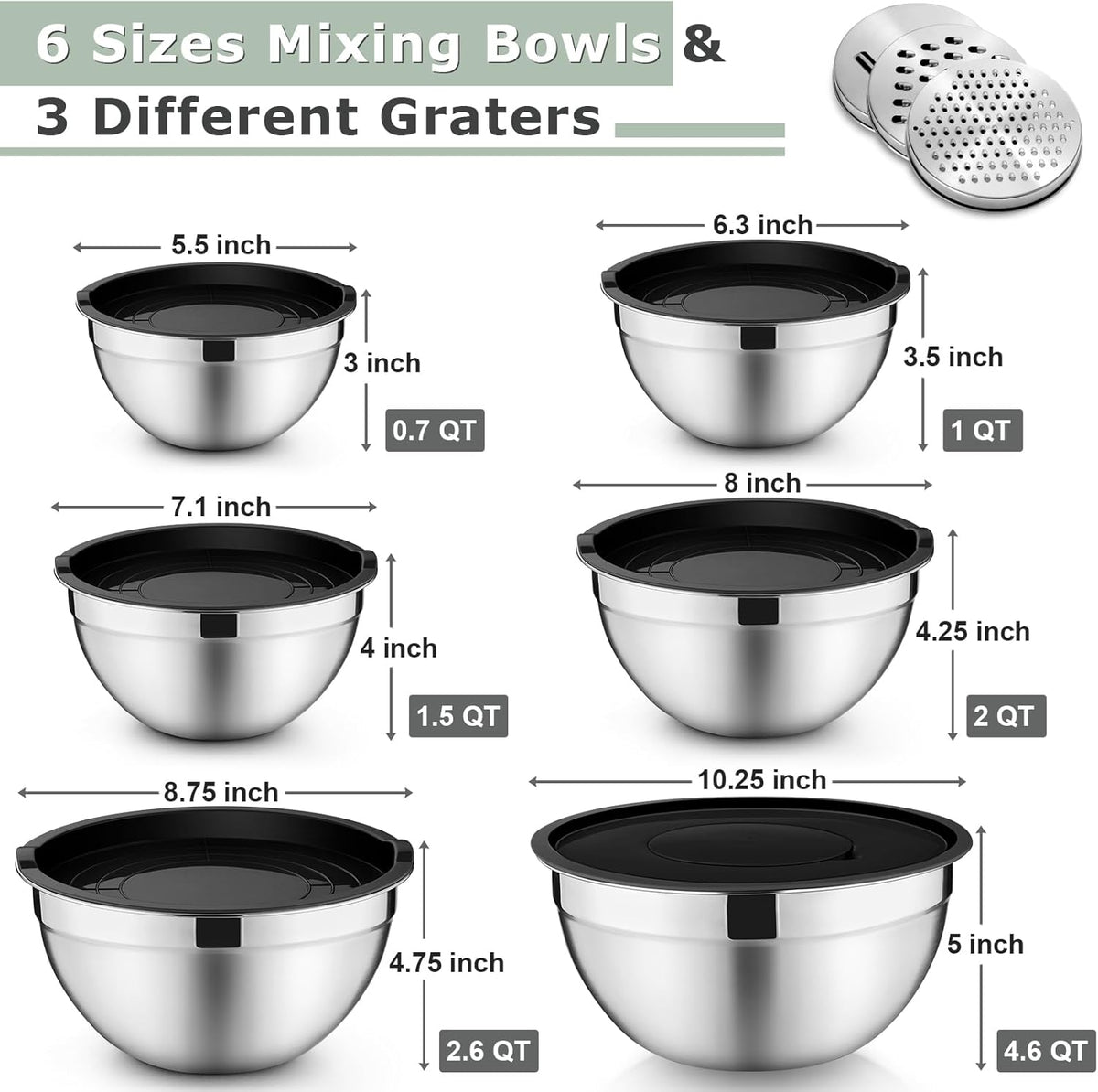 Mixing Bowls with Lids Set of 6, Nesting Salad Bowl, Khaki