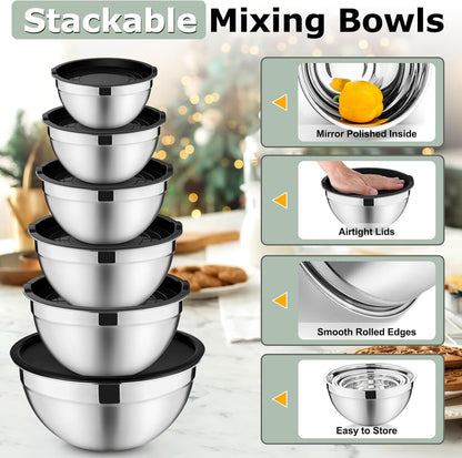 Mixing Bowls with Lids Set of 6, Nesting Salad Bowl, Khaki