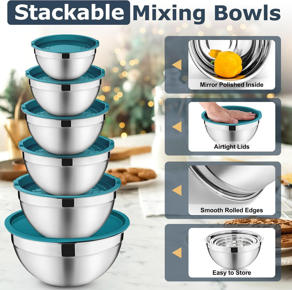 Mixing Bowls with Lids Set of 6, Nesting Salad Bowl, Khaki