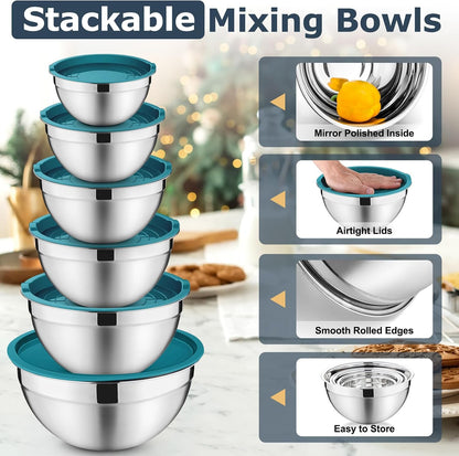 Mixing Bowls with Lids Set of 6, Nesting Salad Bowl, Khaki