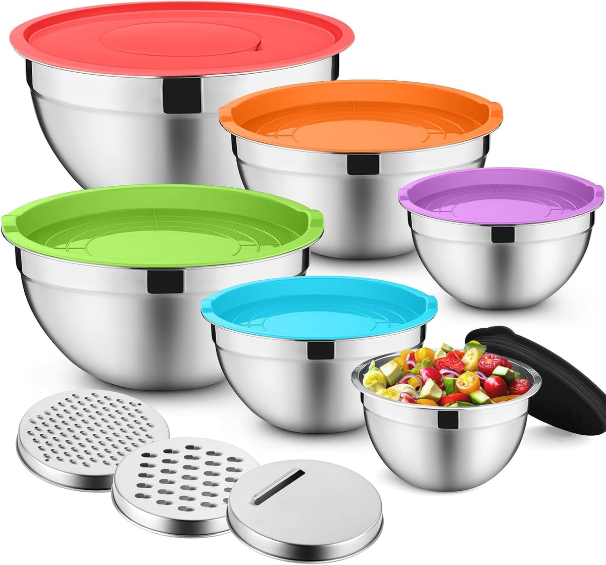 Mixing Bowls with Lids Set of 6, Nesting Salad Bowl, Khaki