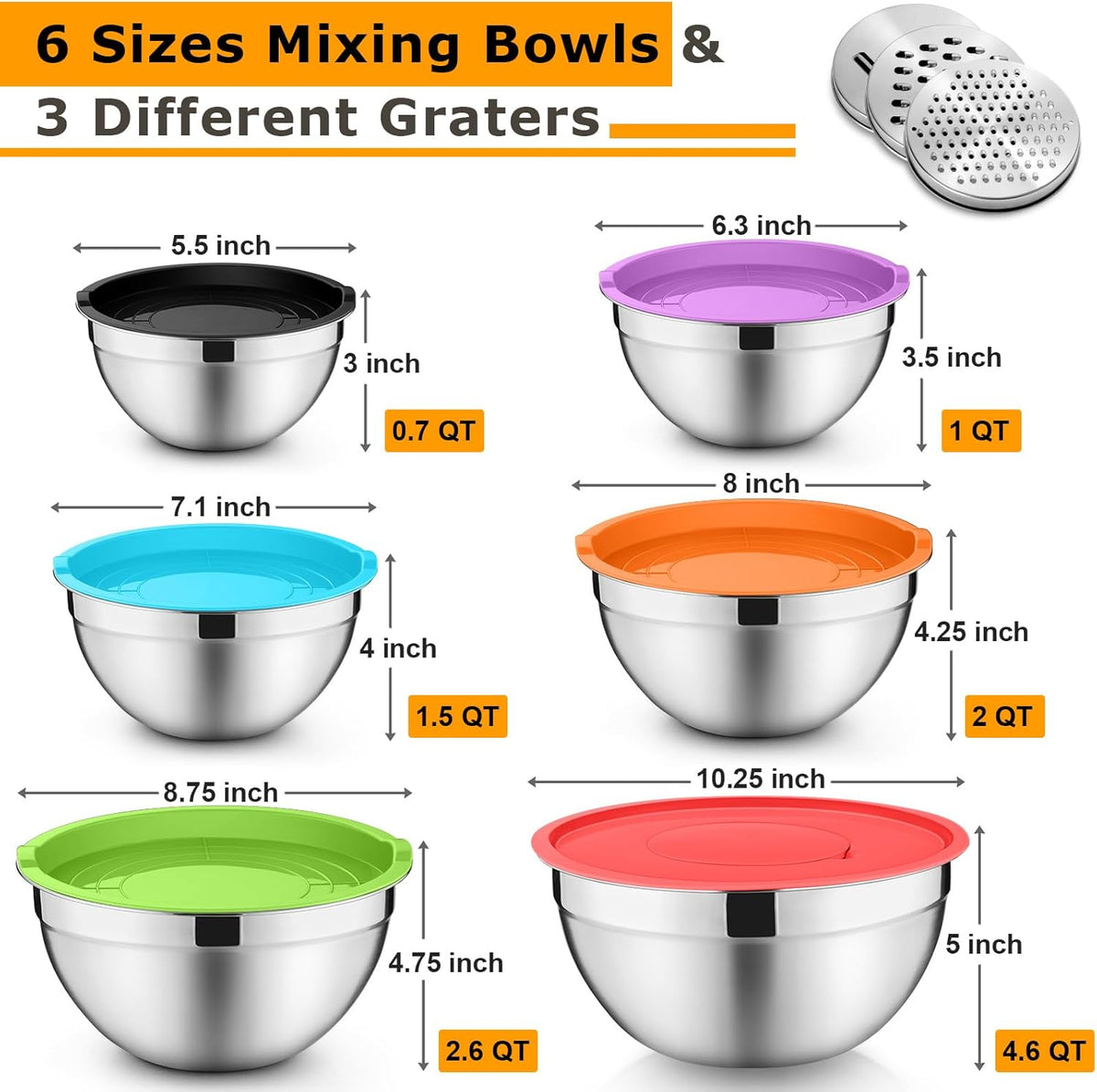 Mixing Bowls with Lids Set of 6, Nesting Salad Bowl, Khaki