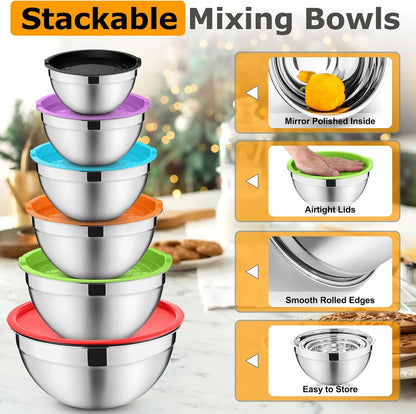 Mixing Bowls with Lids Set of 6, Nesting Salad Bowl, Khaki