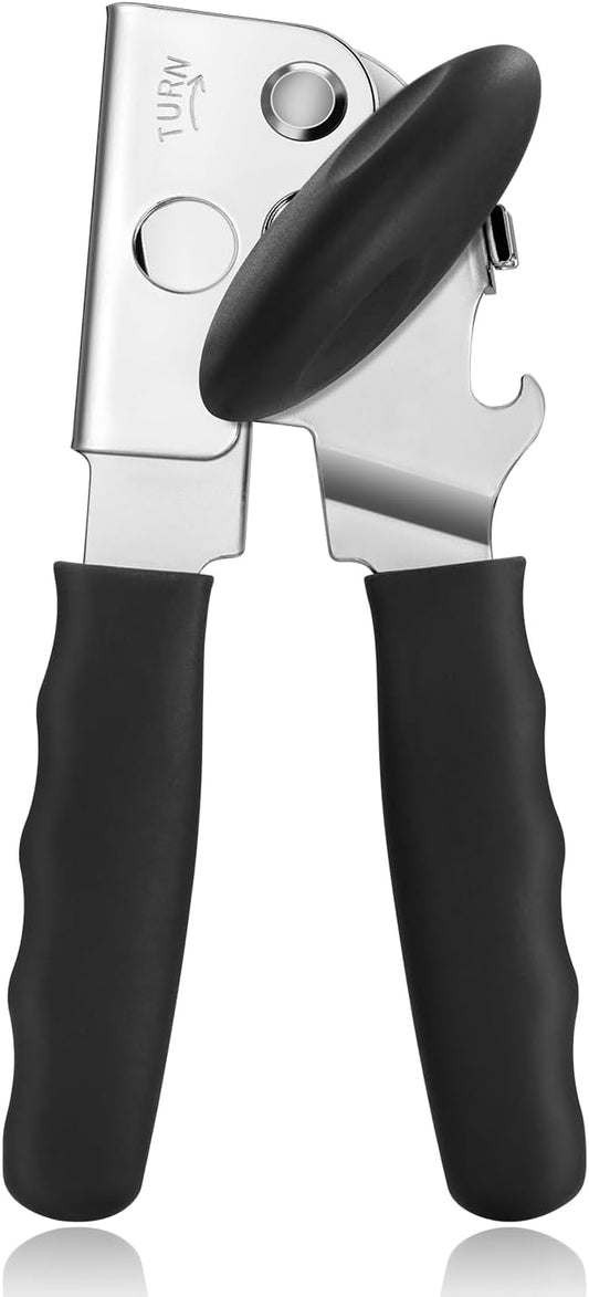 Heavy Duty Hand Can Opener with Comfortable Grip for Seniors, Black | Manual Can Opener, Hardened Steel Blade, Rubber-Coated Handle, Oversize Knob, Built-in Magnet & Bottle Opener