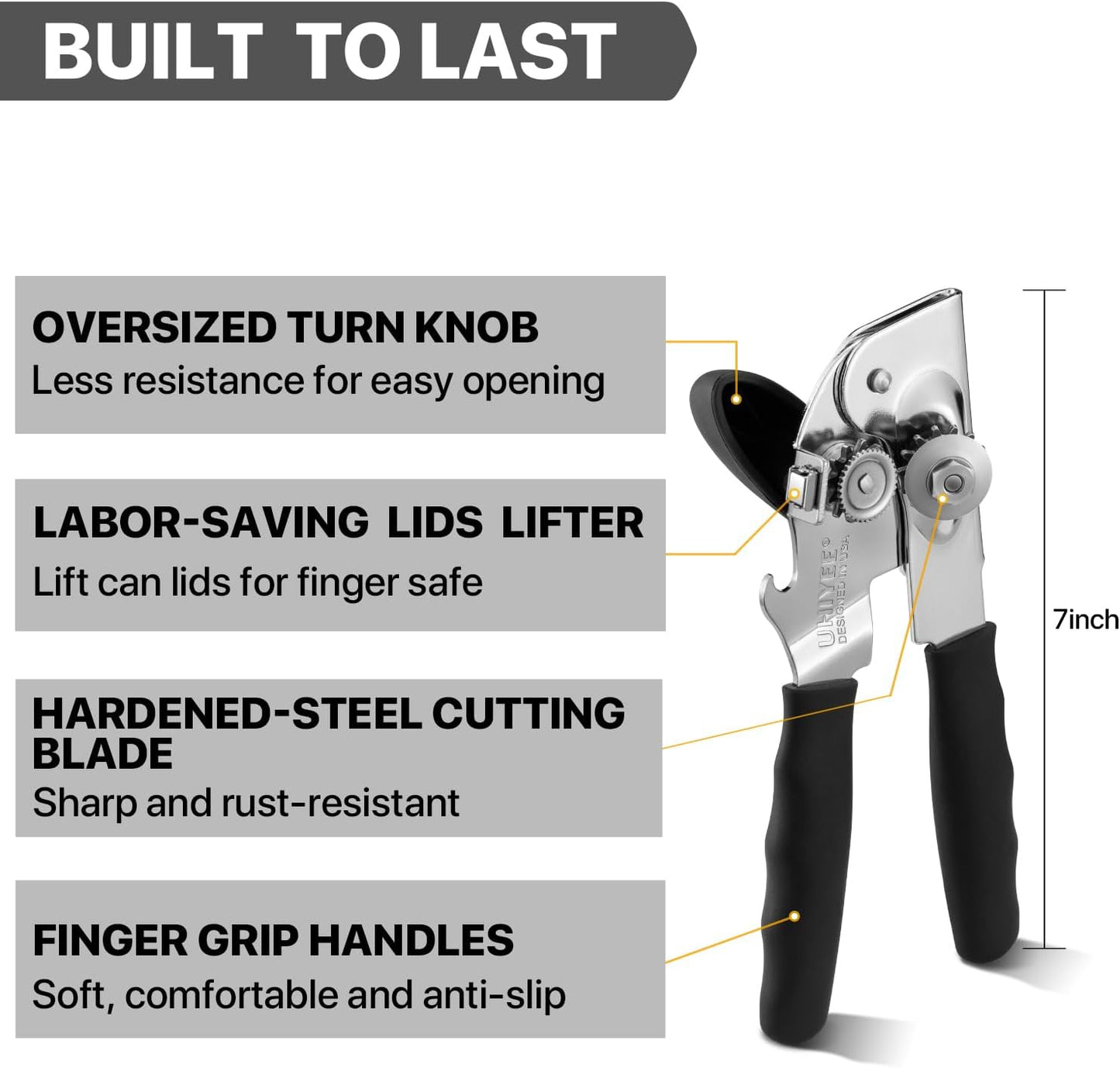 Heavy Duty Hand Can Opener with Comfortable Grip for Seniors, Black | Manual Can Opener, Hardened Steel Blade, Rubber-Coated Handle, Oversize Knob, Built-in Magnet & Bottle Opener