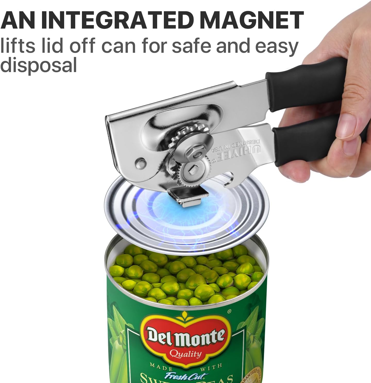 Heavy Duty Hand Can Opener with Comfortable Grip for Seniors, Black | Manual Can Opener, Hardened Steel Blade, Rubber-Coated Handle, Oversize Knob, Built-in Magnet & Bottle Opener