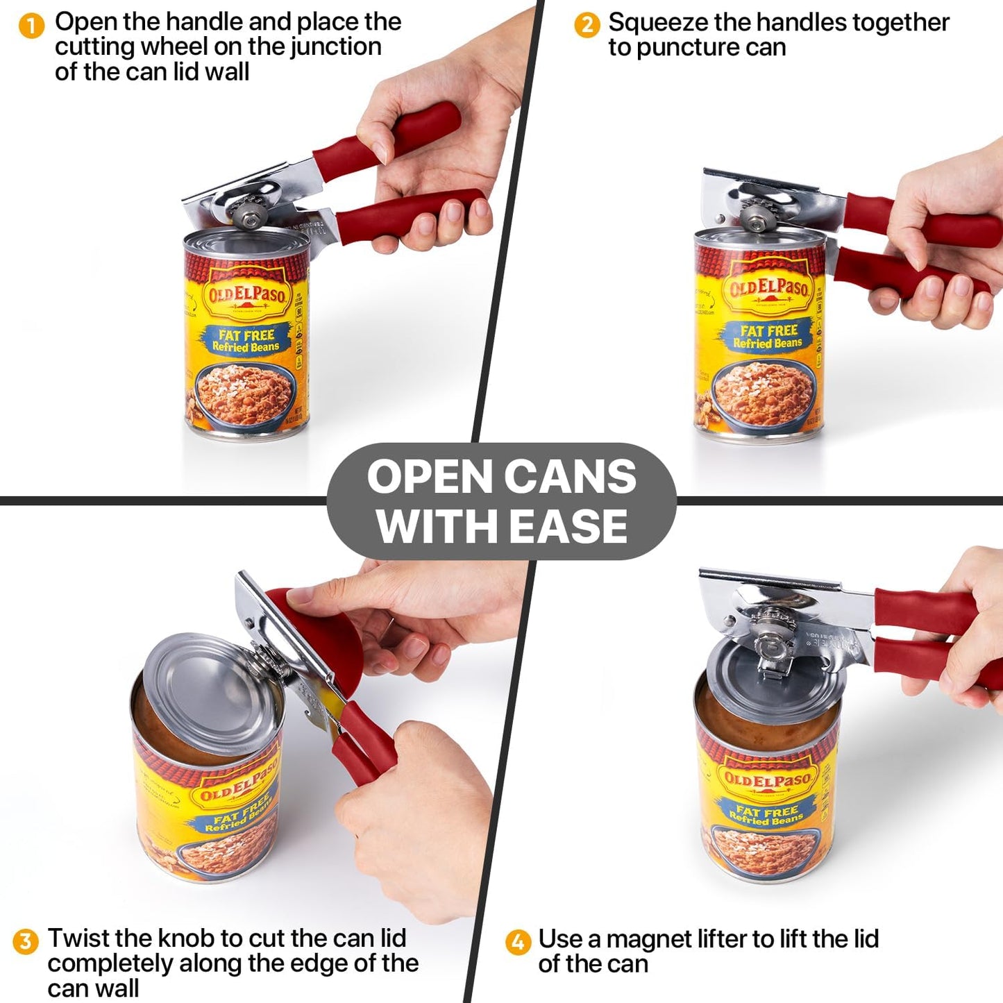 Heavy Duty Hand Can Opener with Comfortable Grip for Seniors, Black | Manual Can Opener, Hardened Steel Blade, Rubber-Coated Handle, Oversize Knob, Built-in Magnet & Bottle Opener