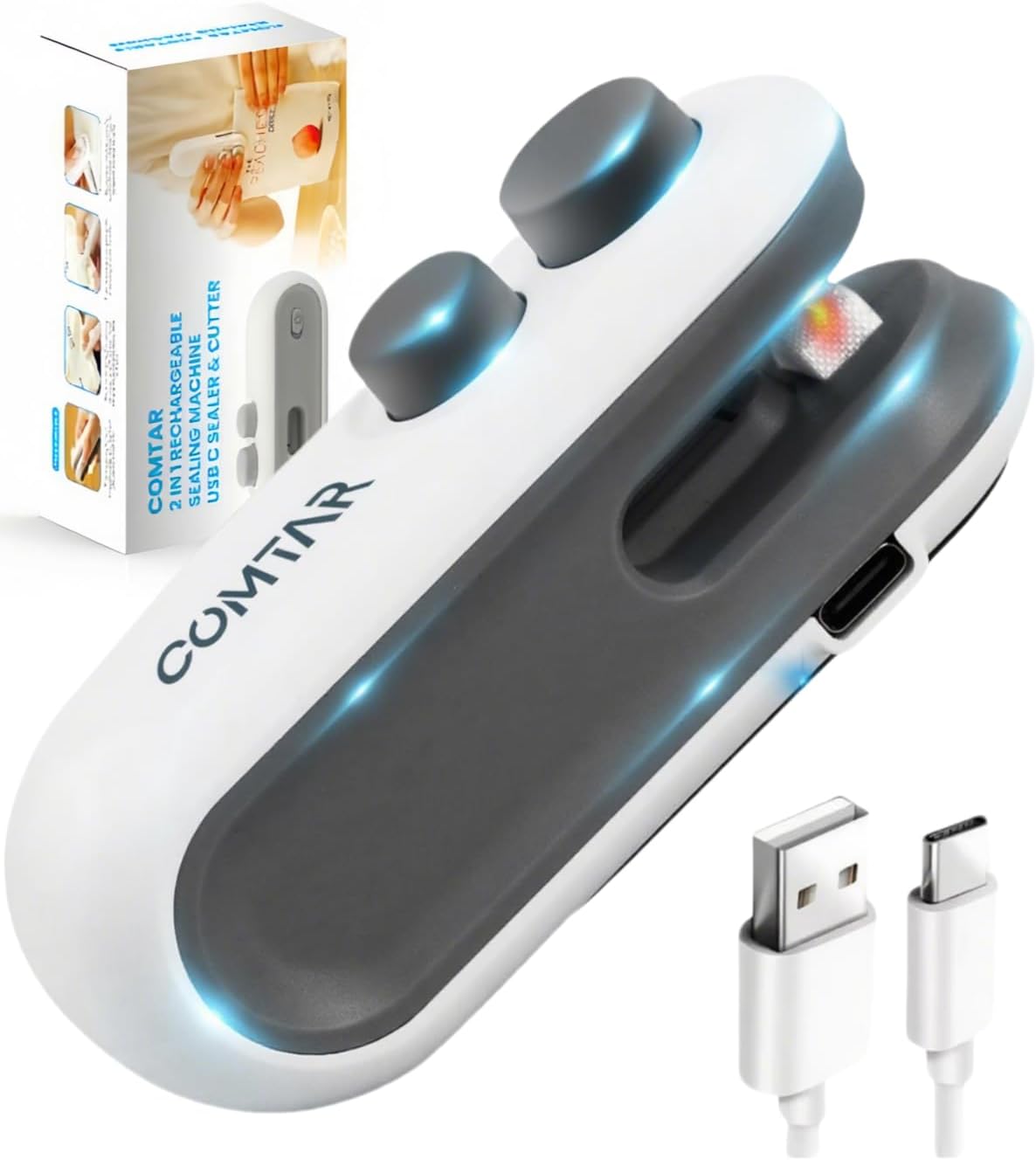 Mini Bag Sealer with Cutter & Magnet,Rechargeable Snack Bag Sealer | Portable Handheld Chip Bag Sealer,2 IN 1 Sealer & Cutter，Rechargeable Sealer Machine，Portable Heat Sealer