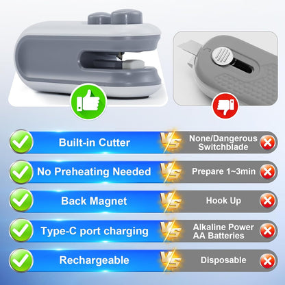 Mini Bag Sealer with Cutter & Magnet,Rechargeable Snack Bag Sealer | Portable Handheld Chip Bag Sealer,2 IN 1 Sealer & Cutter，Rechargeable Sealer Machine，Portable Heat Sealer
