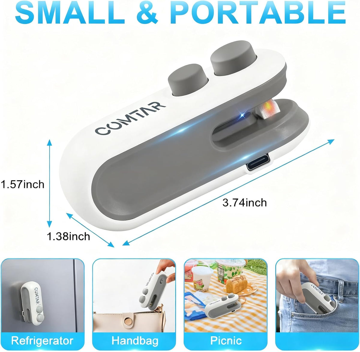 Mini Bag Sealer with Cutter & Magnet,Rechargeable Snack Bag Sealer | Portable Handheld Chip Bag Sealer,2 IN 1 Sealer & Cutter，Rechargeable Sealer Machine，Portable Heat Sealer