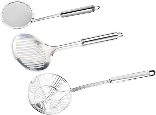 Tenta Solid Stainless Steel Spider Strainer Skimmer Ladle for Cooking and Frying, Kitchen Utensils Wire Strainer Pasta Strainer Spoon Hot Pot Fat Skimmer Spoon Set of 3