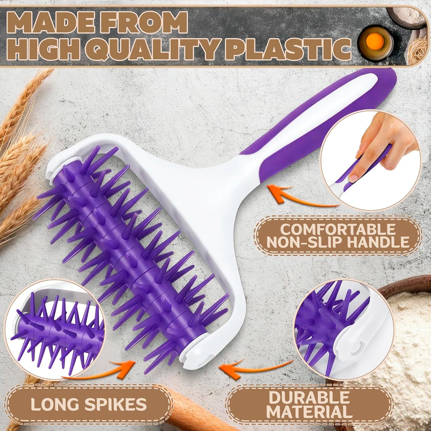 Pizza Docker Roller with Spikes, 7.7 x 4.8 In Plastic, Even Crust | Pizza Dough Docker with Staggered Spikes; Prevents Air Pockets in Flatbreads, Pies, Cookies, Crackers, Tarts & Pastries