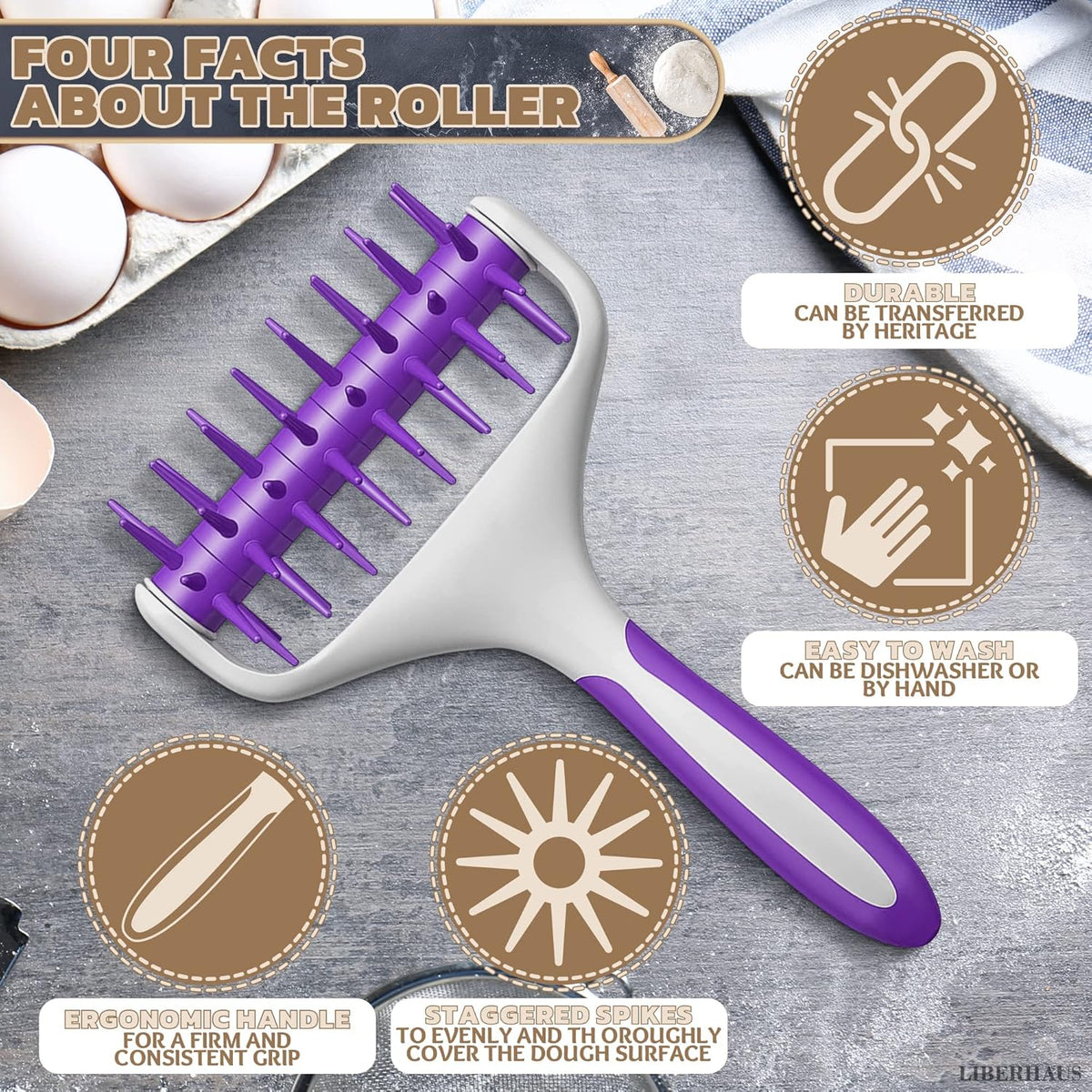 Pizza Docker Roller with Spikes, 7.7 x 4.8 In Plastic, Even Crust | Pizza Dough Docker with Staggered Spikes; Prevents Air Pockets in Flatbreads, Pies, Cookies, Crackers, Tarts & Pastries