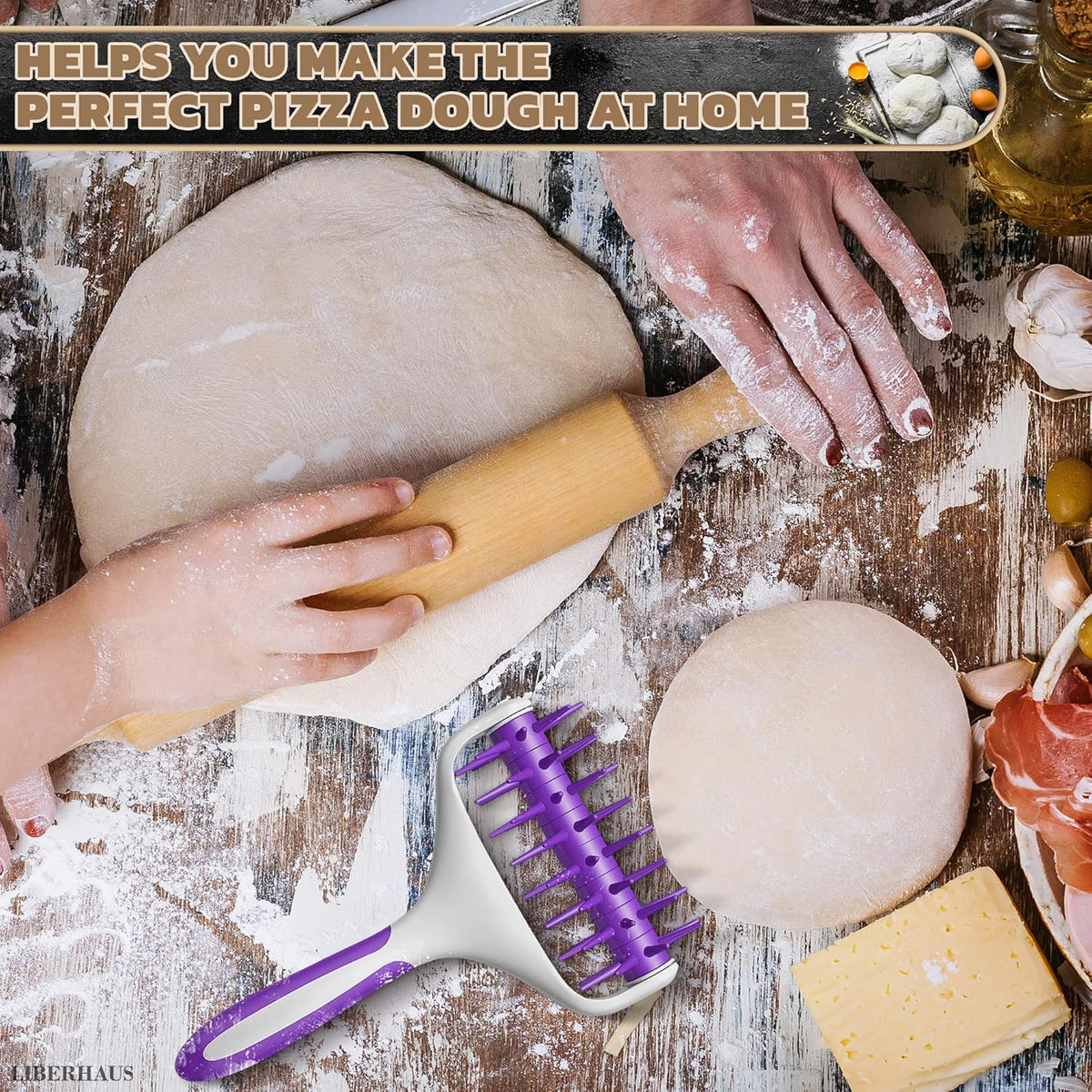 Pizza Docker Roller with Spikes, 7.7 x 4.8 In Plastic, Even Crust | Pizza Dough Docker with Staggered Spikes; Prevents Air Pockets in Flatbreads, Pies, Cookies, Crackers, Tarts & Pastries