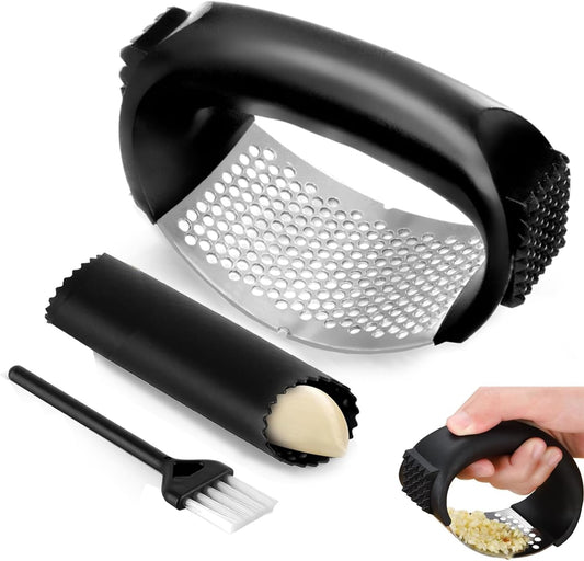 Stainless Steel Garlic Press Rocker Set | Garlic Peeler, Cleaning Brush, Garlic Mincer Tool, Kitchen Gadgets Essentials