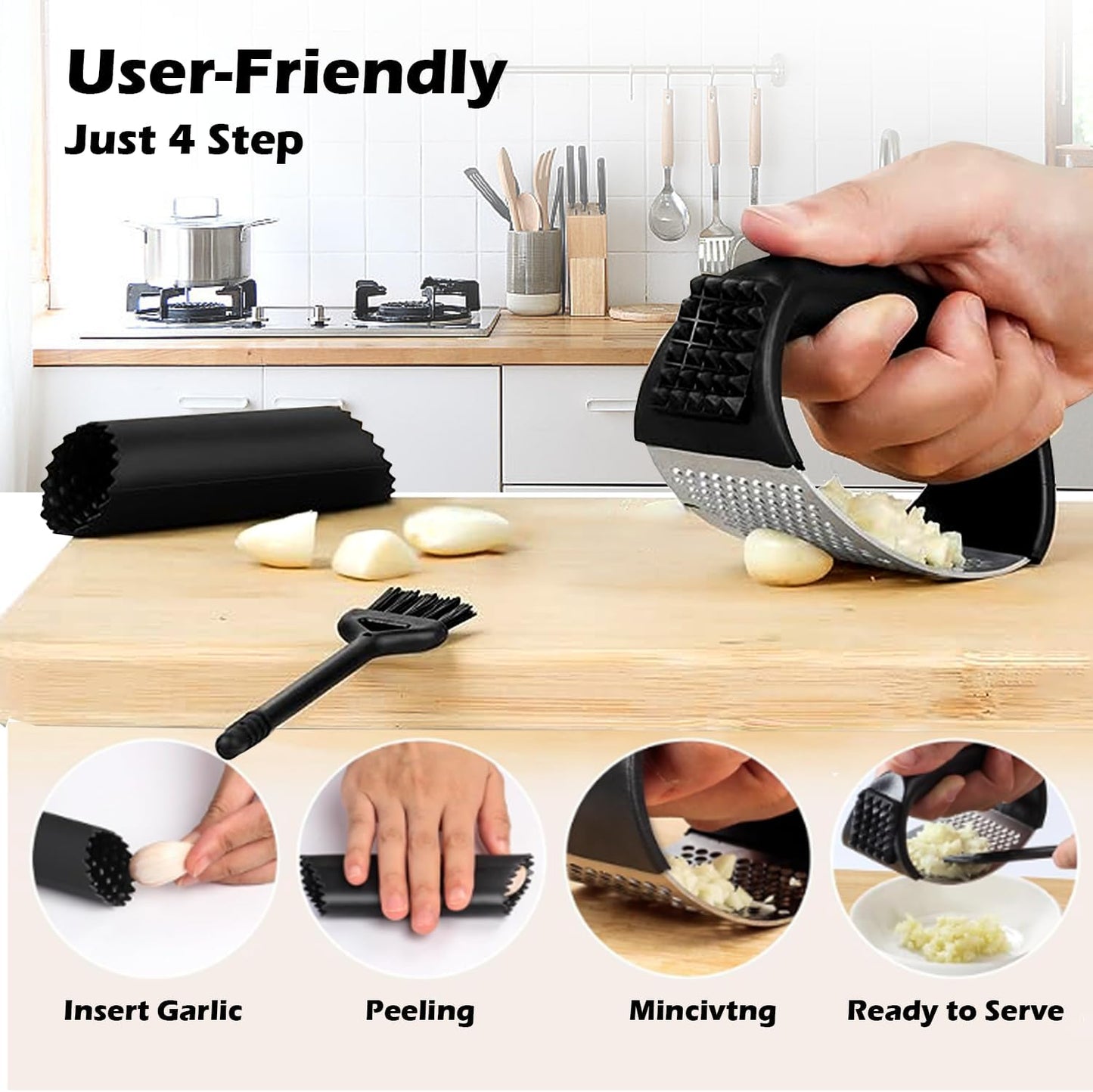 Stainless Steel Garlic Press Rocker Set | Garlic Peeler, Cleaning Brush, Garlic Mincer Tool, Kitchen Gadgets Essentials
