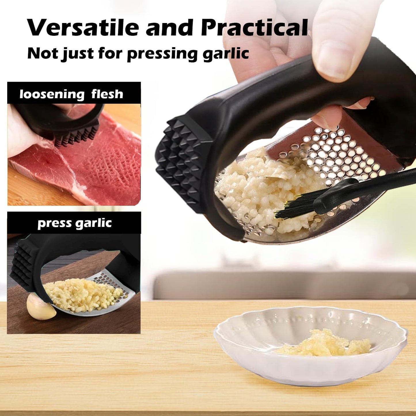 Stainless Steel Garlic Press Rocker Set | Garlic Peeler, Cleaning Brush, Garlic Mincer Tool, Kitchen Gadgets Essentials