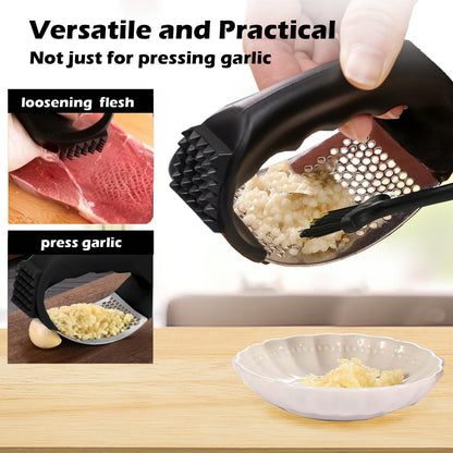 Stainless Steel Garlic Press Rocker Set | Garlic Peeler, Cleaning Brush, Garlic Mincer Tool, Kitchen Gadgets Essentials