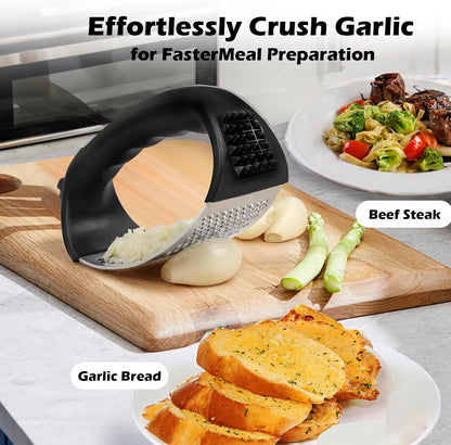Stainless Steel Garlic Press Rocker Set | Garlic Peeler, Cleaning Brush, Garlic Mincer Tool, Kitchen Gadgets Essentials