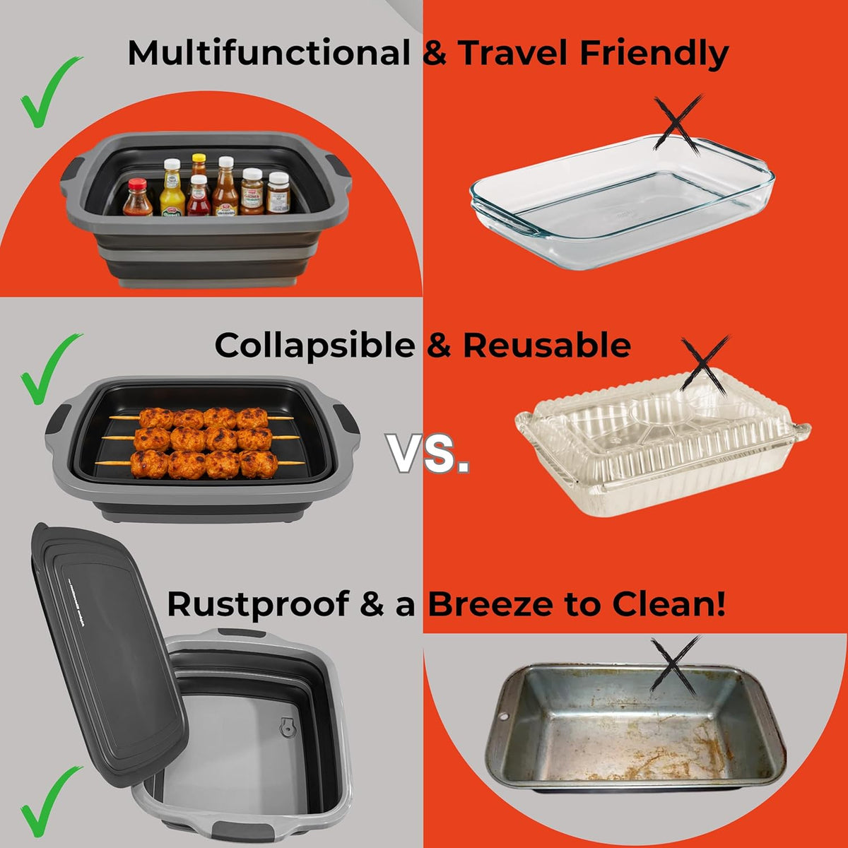 Collapsible X-Large (16L) BBQ Marinating Tub w/ Cutting Board | Multipurpose Food-Grade TPE Prep Tub w/ Lid | Built-In Colander & Drain Plug - For Camping | Tailgate | Picnic - Slate Black