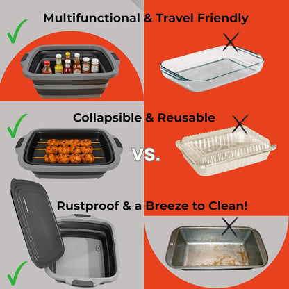 Collapsible X-Large (16L) BBQ Marinating Tub w/ Cutting Board | Multipurpose Food-Grade TPE Prep Tub w/ Lid | Built-In Colander & Drain Plug - For Camping | Tailgate | Picnic - Slate Black