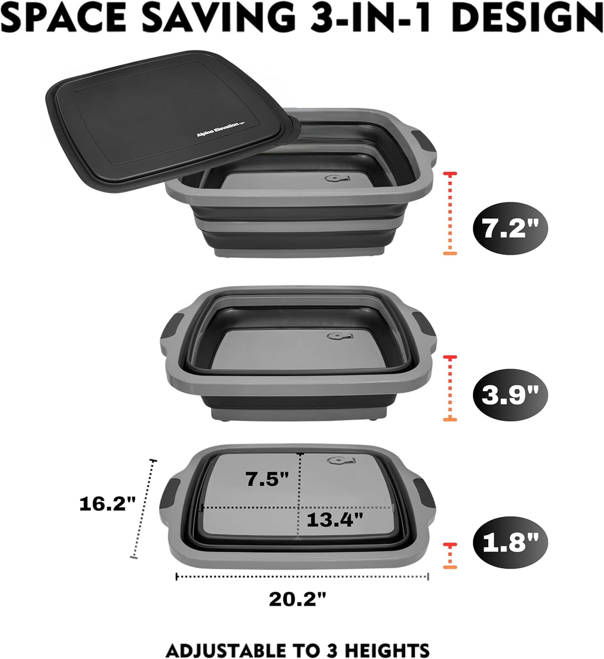 Collapsible X-Large (16L) BBQ Marinating Tub w/ Cutting Board | Multipurpose Food-Grade TPE Prep Tub w/ Lid | Built-In Colander & Drain Plug - For Camping | Tailgate | Picnic - Slate Black