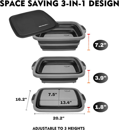 Collapsible X-Large (16L) BBQ Marinating Tub w/ Cutting Board | Multipurpose Food-Grade TPE Prep Tub w/ Lid | Built-In Colander & Drain Plug - For Camping | Tailgate | Picnic - Slate Black