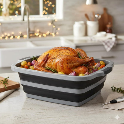 Collapsible X-Large (16L) BBQ Marinating Tub w/ Cutting Board | Multipurpose Food-Grade TPE Prep Tub w/ Lid | Built-In Colander & Drain Plug - For Camping | Tailgate | Picnic - Slate Black