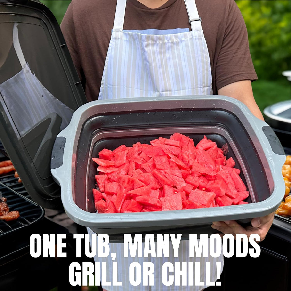 Collapsible X-Large (16L) BBQ Marinating Tub w/ Cutting Board | Multipurpose Food-Grade TPE Prep Tub w/ Lid | Built-In Colander & Drain Plug - For Camping | Tailgate | Picnic - Slate Black