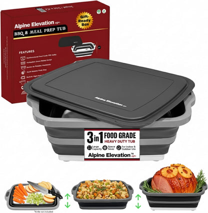 Collapsible X-Large (16L) BBQ Marinating Tub w/ Cutting Board | Multipurpose Food-Grade TPE Prep Tub w/ Lid | Built-In Colander & Drain Plug - For Camping | Tailgate | Picnic - Slate Black