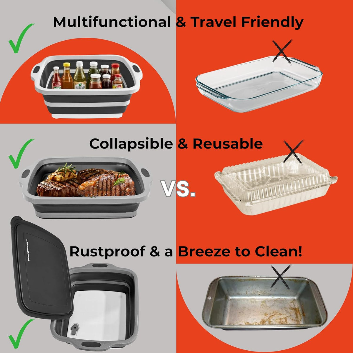 Collapsible X-Large (16L) BBQ Marinating Tub w/ Cutting Board | Multipurpose Food-Grade TPE Prep Tub w/ Lid | Built-In Colander & Drain Plug - For Camping | Tailgate | Picnic - Slate Black