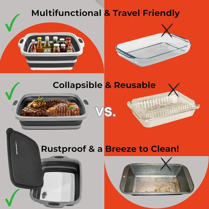 Collapsible X-Large (16L) BBQ Marinating Tub w/ Cutting Board | Multipurpose Food-Grade TPE Prep Tub w/ Lid | Built-In Colander & Drain Plug - For Camping | Tailgate | Picnic - Slate Black