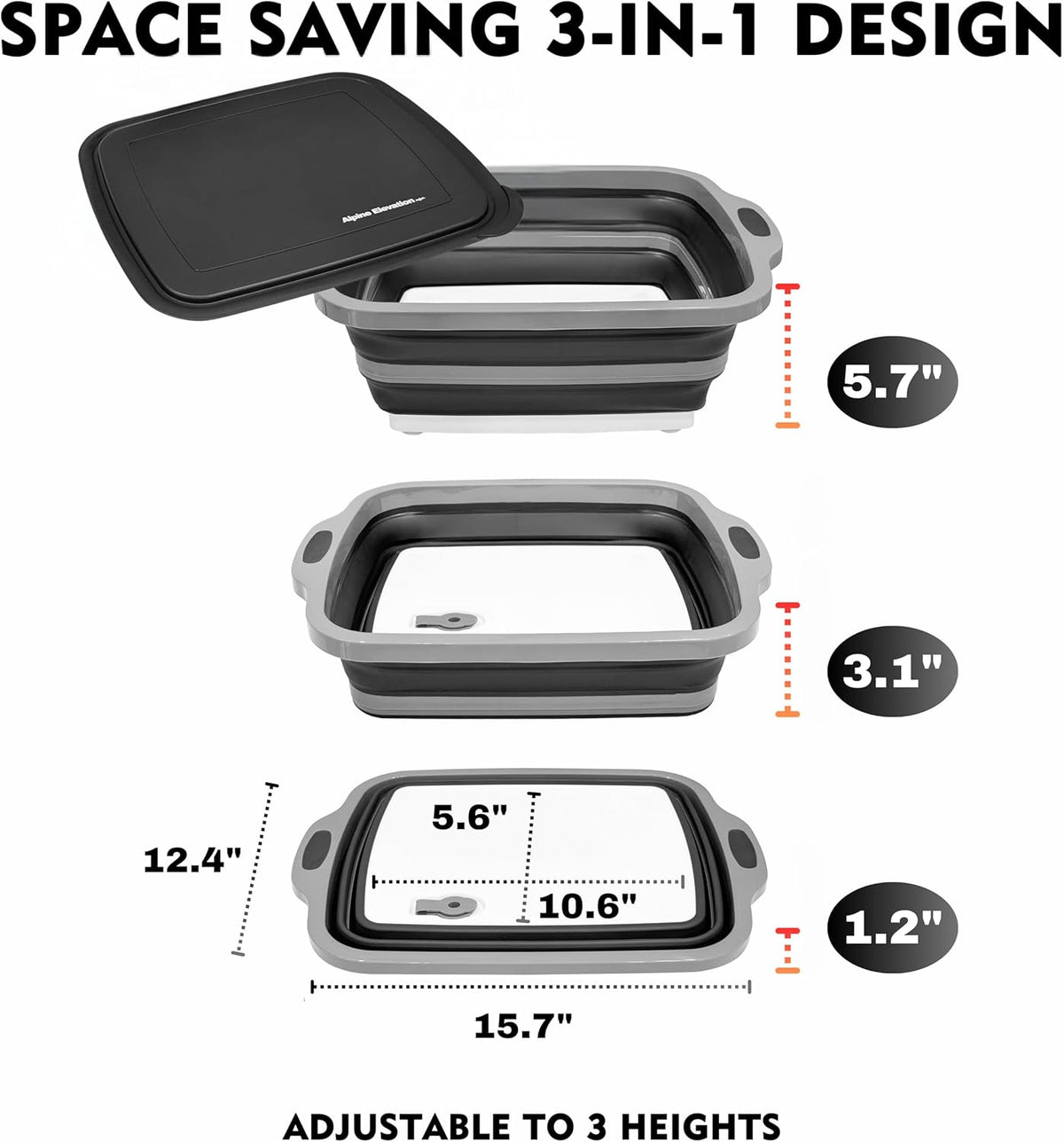Collapsible X-Large (16L) BBQ Marinating Tub w/ Cutting Board | Multipurpose Food-Grade TPE Prep Tub w/ Lid | Built-In Colander & Drain Plug - For Camping | Tailgate | Picnic - Slate Black