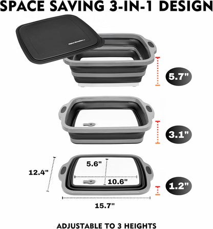 Collapsible X-Large (16L) BBQ Marinating Tub w/ Cutting Board | Multipurpose Food-Grade TPE Prep Tub w/ Lid | Built-In Colander & Drain Plug - For Camping | Tailgate | Picnic - Slate Black