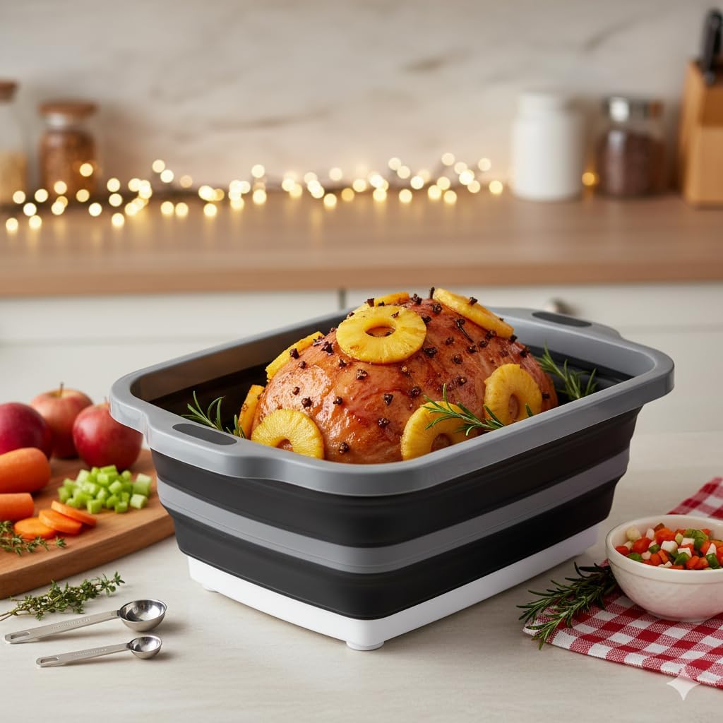 Collapsible X-Large (16L) BBQ Marinating Tub w/ Cutting Board | Multipurpose Food-Grade TPE Prep Tub w/ Lid | Built-In Colander & Drain Plug - For Camping | Tailgate | Picnic - Slate Black